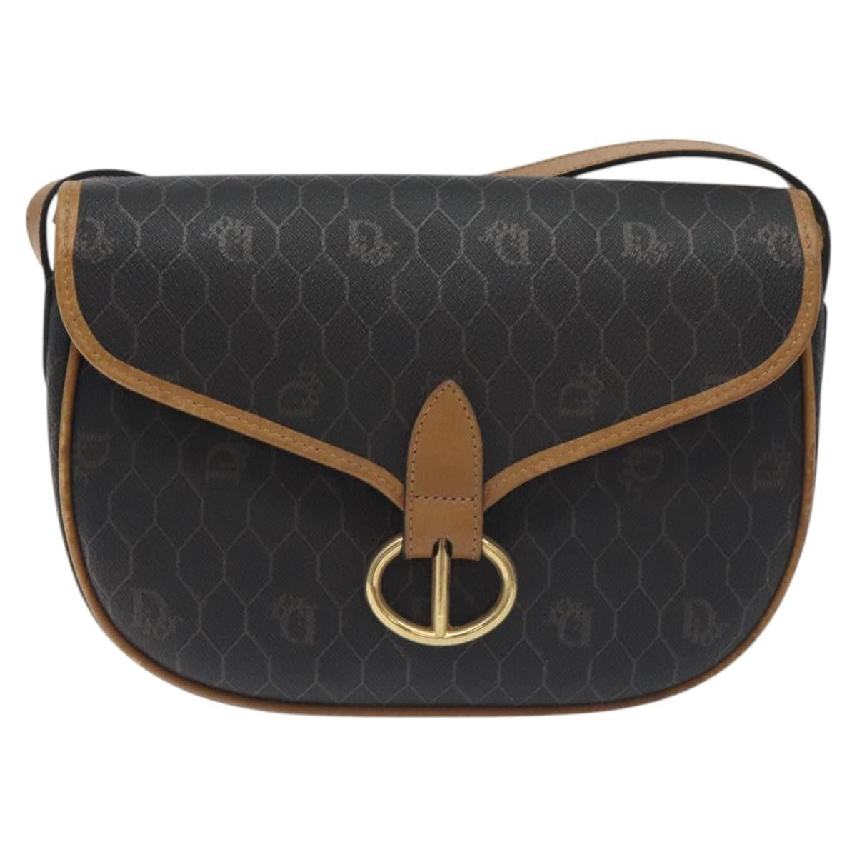 Christian Dior Vintage Honeycomb Flap Crossbody Bag Coated Canvas, BLACK, CANVAS, Crossbody bag