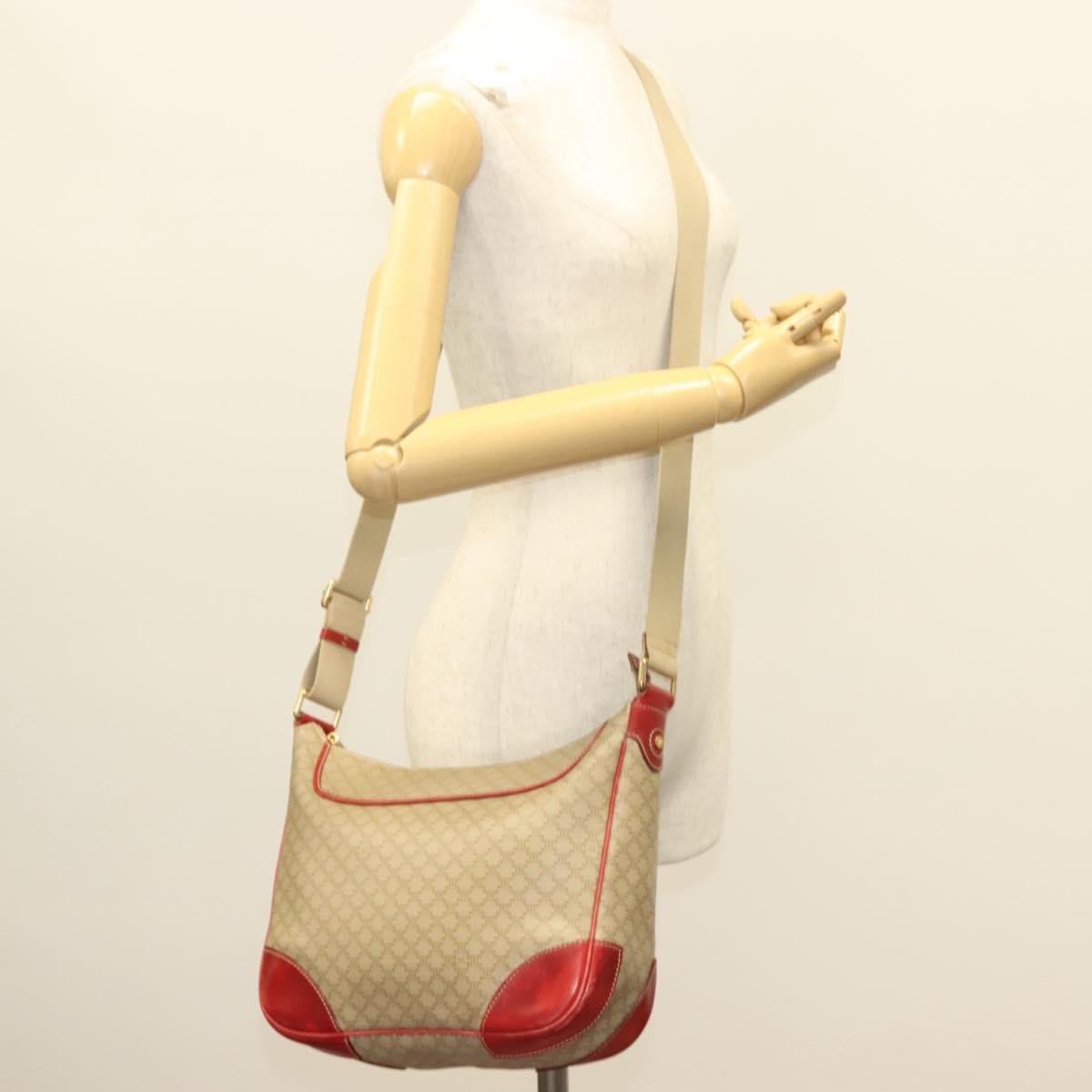 Celine Vintage Macadam Shoulder Bag Canvas and Leather, BEIGE, CANVAS, Shoulder bag