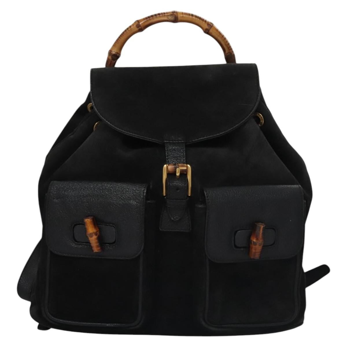 Gucci Vintage Bamboo Backpack Suede and Leather, Black, Suede, Backpack