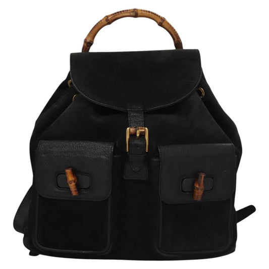 Gucci Vintage Bamboo Backpack Suede and Leather, Black, Suede, Backpack