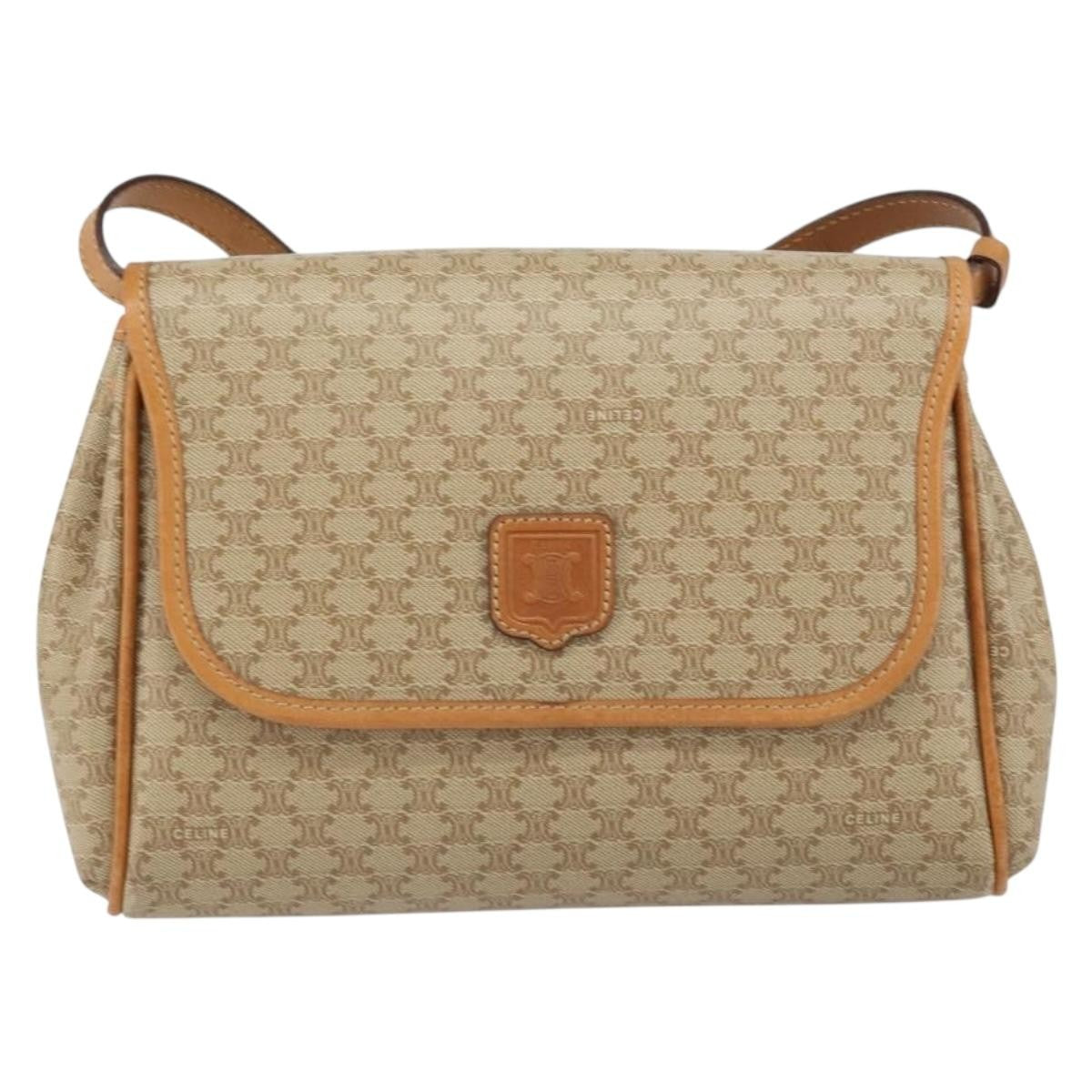 Celine Vintage Macadam Shoulder Bag Canvas and Leather, BEIGE, CANVAS, Shoulder bag