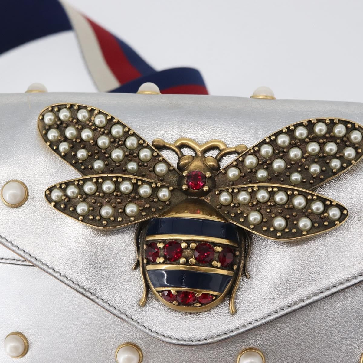 Gucci Broadway Pearly Bee Shoulder Bag Embellished Leather, SILVER, LEATHER, Shoulder bag