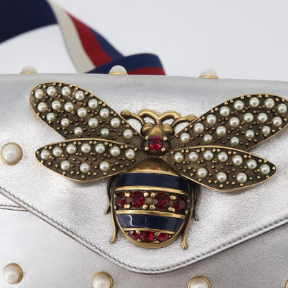 Gucci Broadway Pearly Bee Shoulder Bag Embellished Leather, SILVER, LEATHER, Shoulder bag
