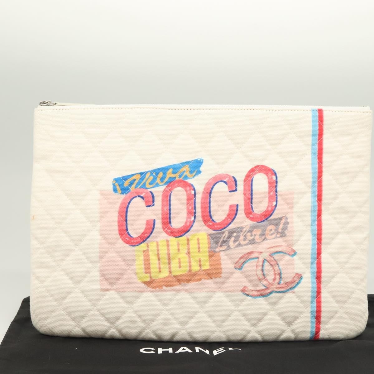 Chanel Coco Cuba Pouch Printed Quilted Canvas, WHITE, CANVAS, Clutche & pouche