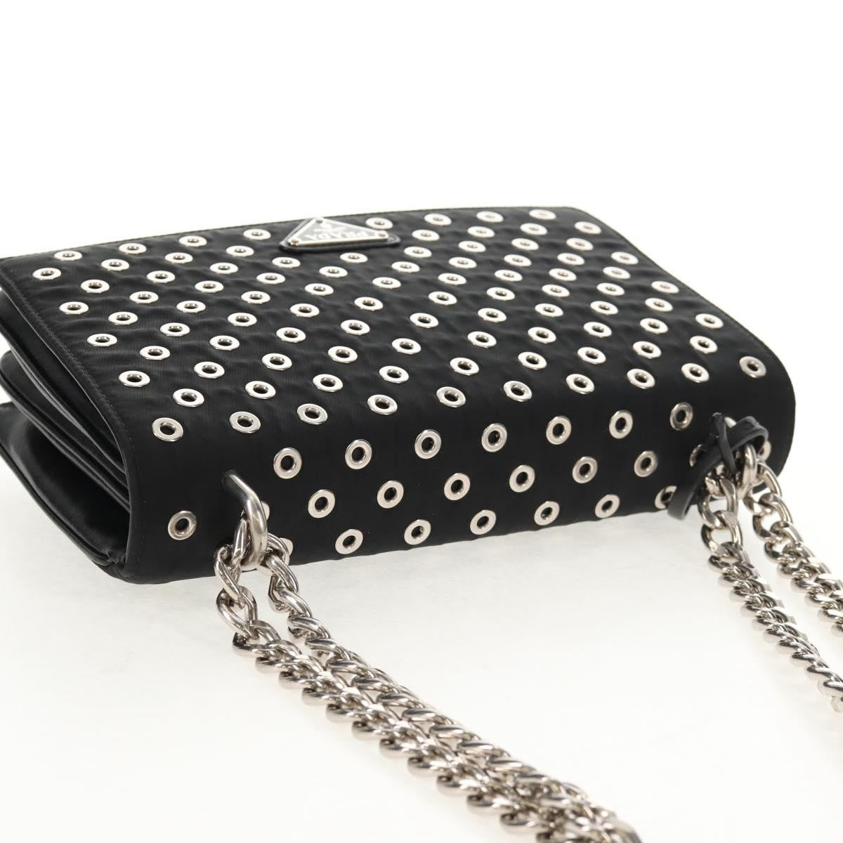 Prada Grommet Chain Flap Shoulder Bag Tessuto with Soft Calf, BLACK, NYLON, Shoulder bag
