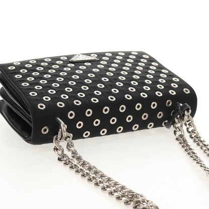 Prada Grommet Chain Flap Shoulder Bag Tessuto with Soft Calf, BLACK, NYLON, Shoulder bag