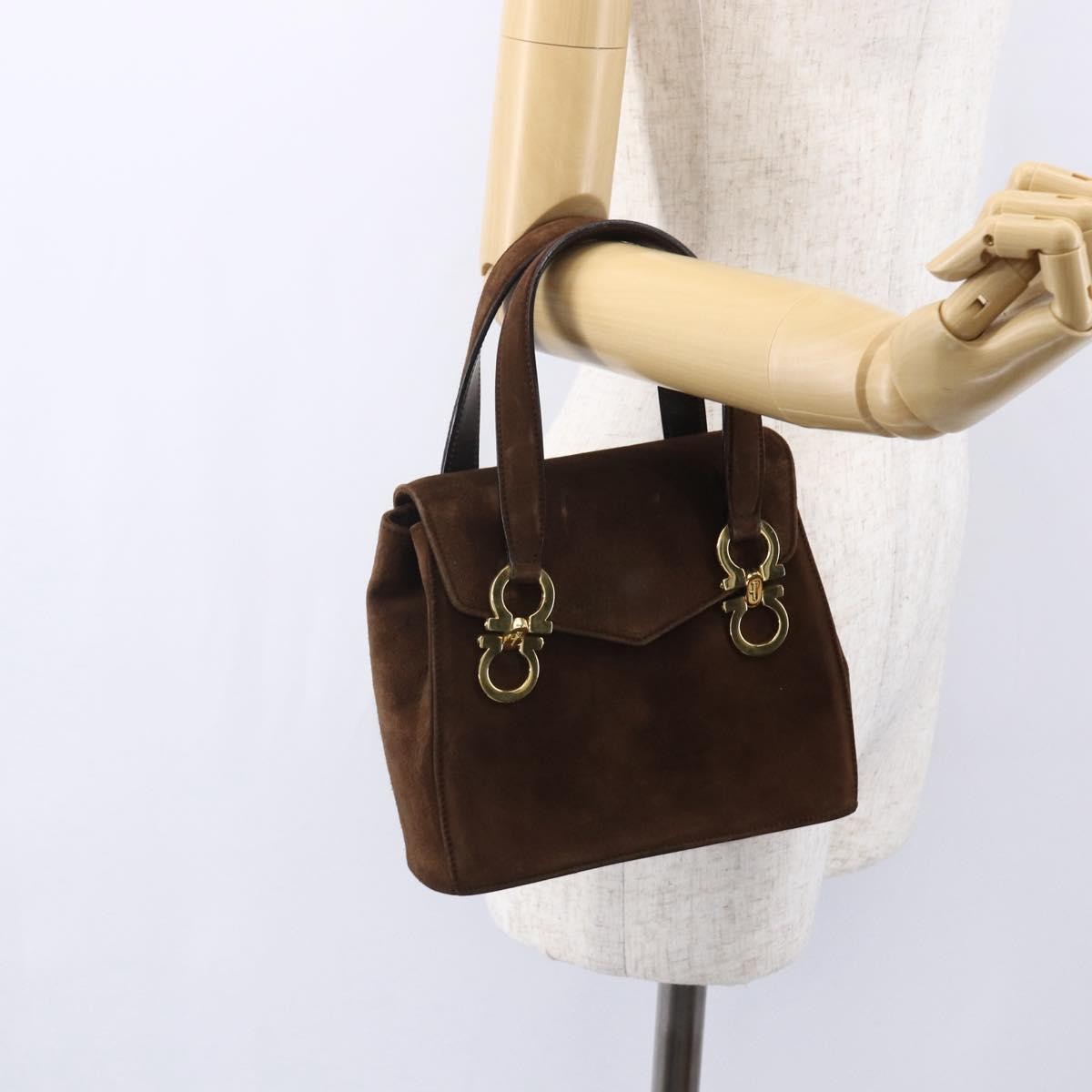 Salvatore Ferragamo Gancini handbag Suede, BROWN, SUEDE, Handbag