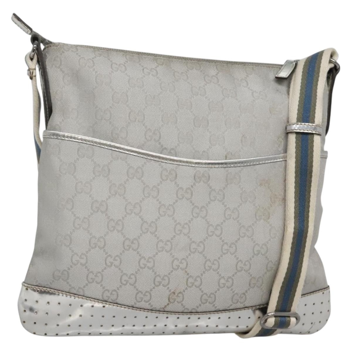 Gucci Zip Messenger Bag GG Canvas with Perforated Leather, SILVER, CANVAS, Shoulder bag