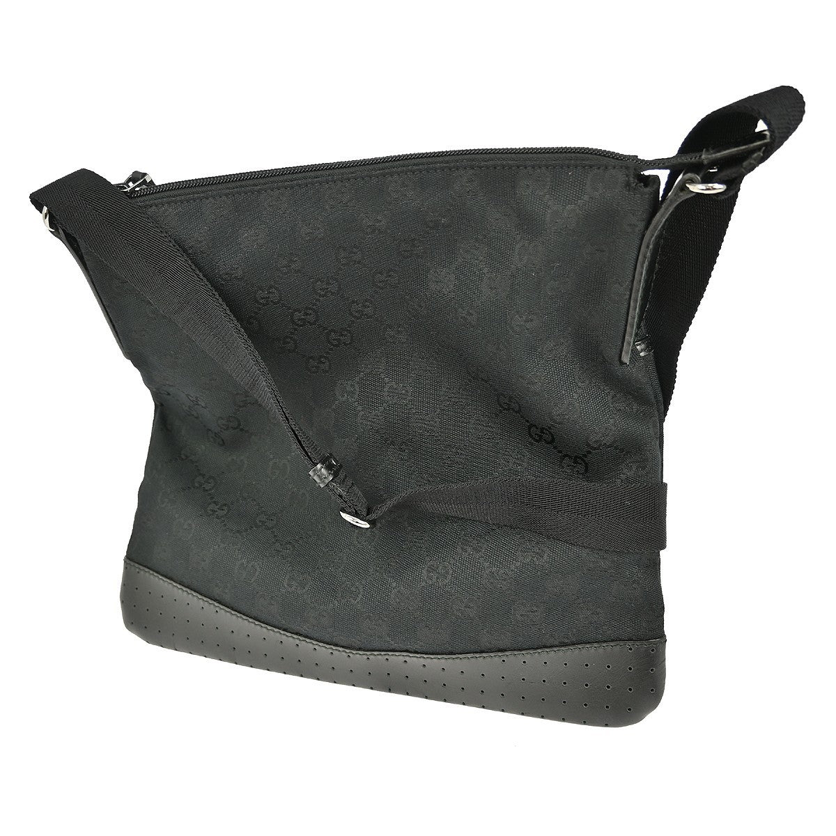 Gucci Zip Messenger Bag GG Canvas with Perforated Leather, BLACK, CANVAS, Shoulder bag