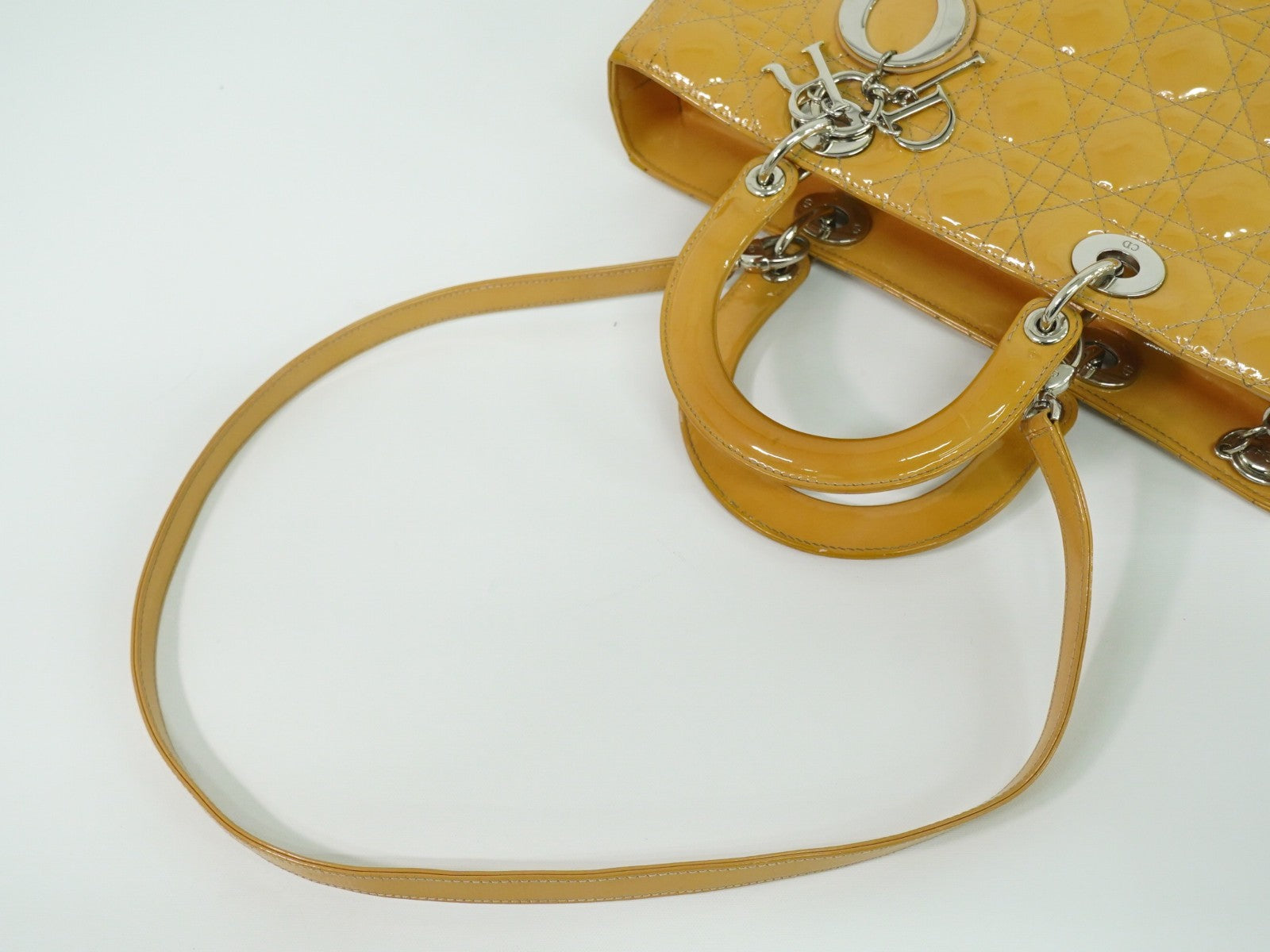 Christian Dior Vintage Lady Dior Bag Cannage Quilt Patent, BEIGE, PATENT_LEATHER, Handbag