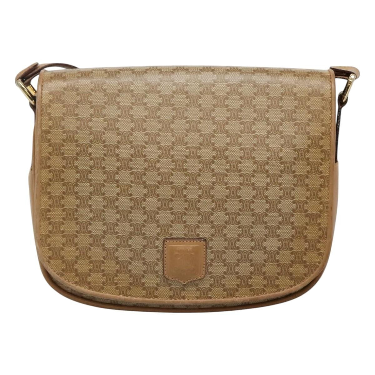Celine Vintage Macadam Shoulder Bag Canvas and Leather, BEIGE, CANVAS, Shoulder bag