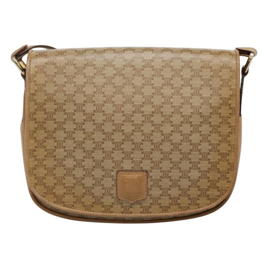 Celine Vintage Macadam Shoulder Bag Canvas and Leather, BEIGE, CANVAS, Shoulder bag