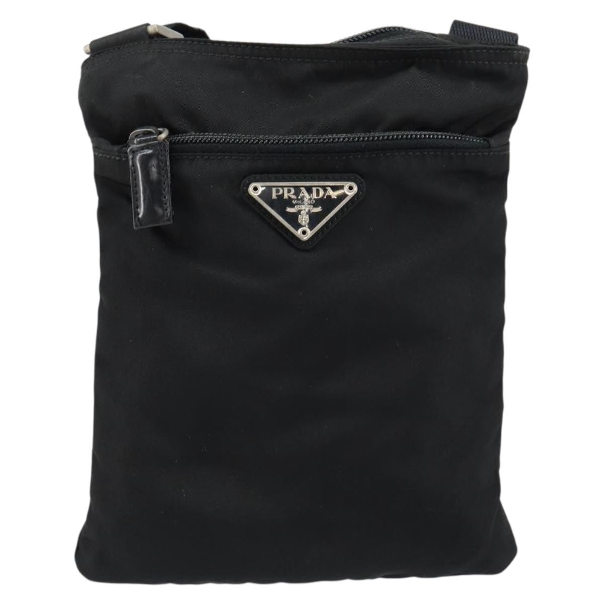 Prada Front Zip Convertible Flat Messenger Tessuto with Leather, BLACK, NYLON, Shoulder bag