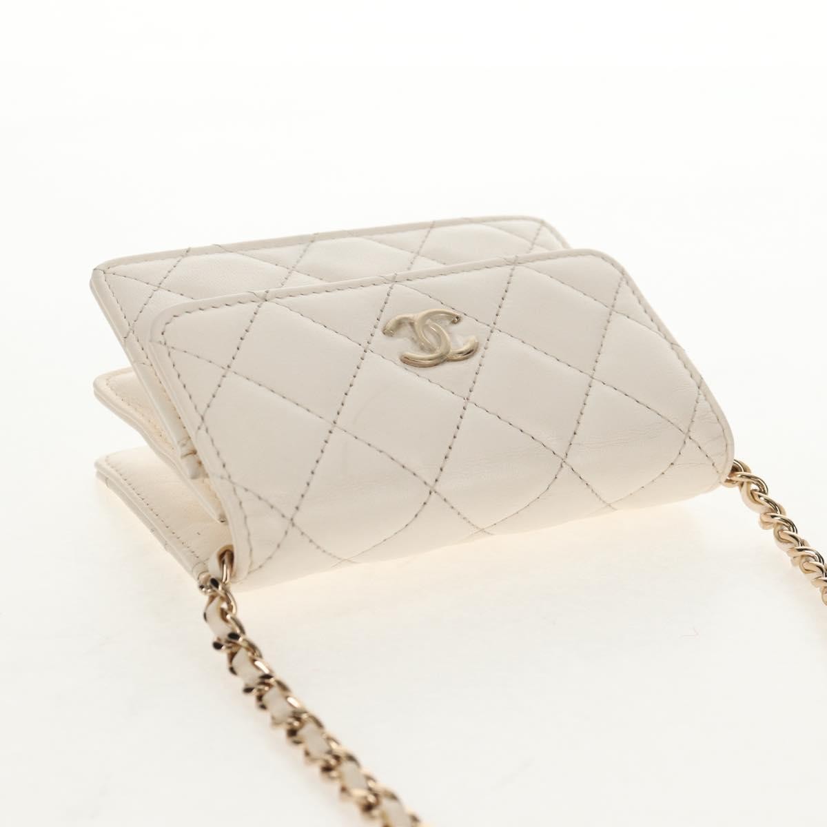 Chanel Camellia Bow Flap Card Holder with Chain Quilted Lambskin, WHITE, LEATHER, Shoulder bag