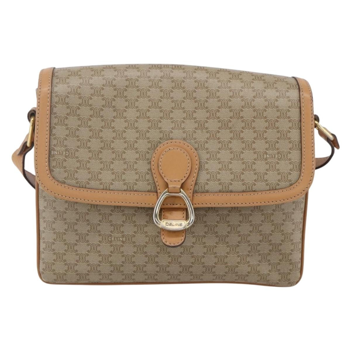 Celine Vintage Macadam Shoulder Bag Canvas and Leather, BEIGE, CANVAS, Shoulder bag