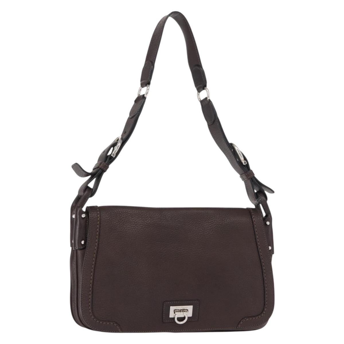 Salvatore Ferragamo Gancini Shoulder Bag Leather, BROWN, LEATHER, Shoulder bag