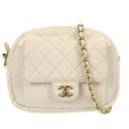 Chanel CC Day Camera Case Quilted Caviar, WHITE, LEATHER, Shoulder bag