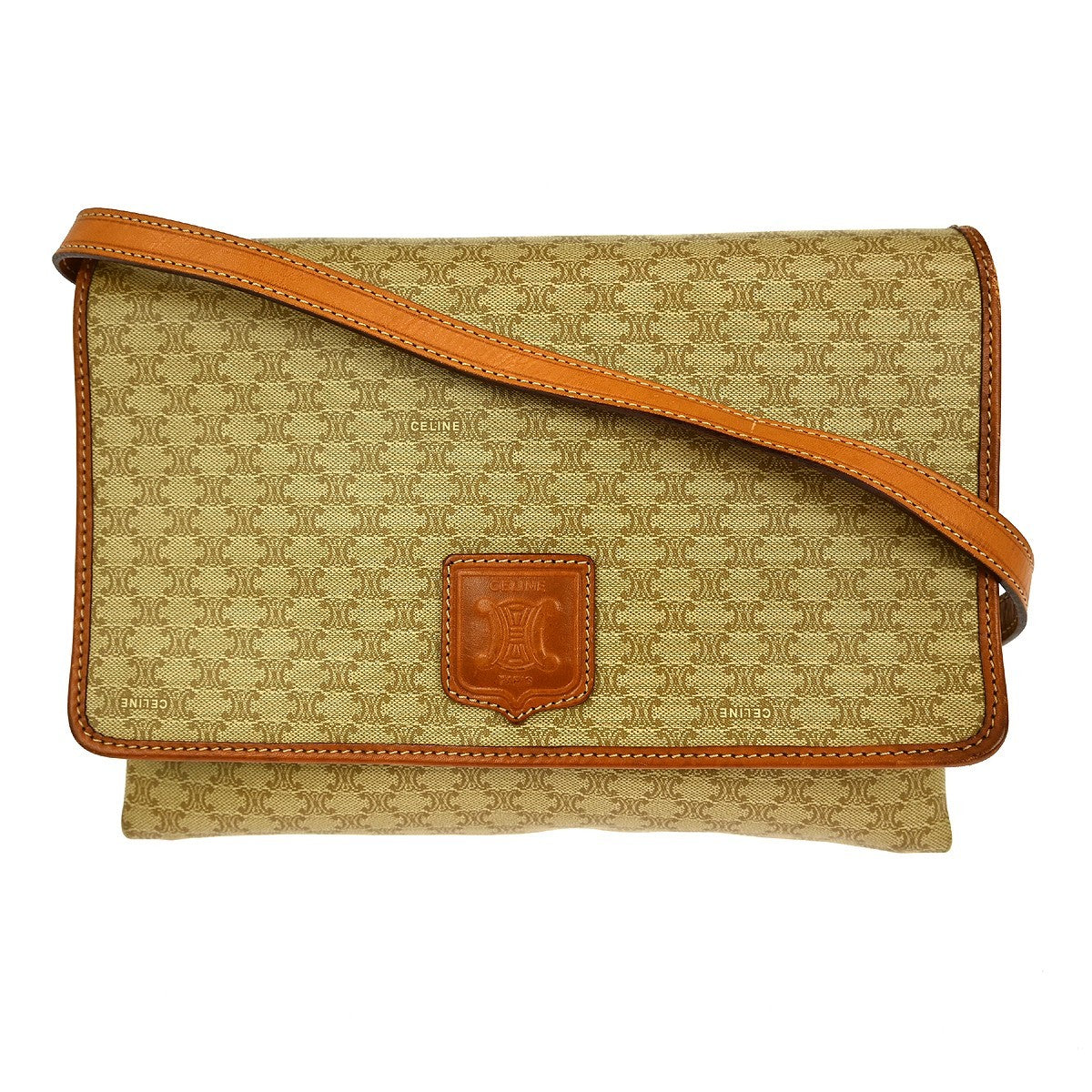 Celine Vintage Macadam Shoulder Bag Canvas and Leather, BEIGE, CANVAS, Shoulder bag