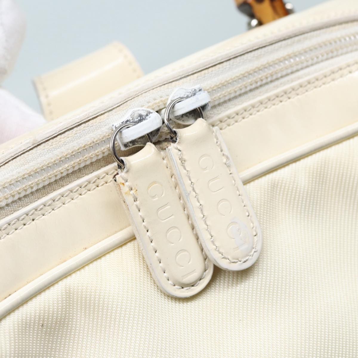 Gucci Vintage Bamboo Backpack Nylon and Patent Leather, WHITE, NYLON, Backpack