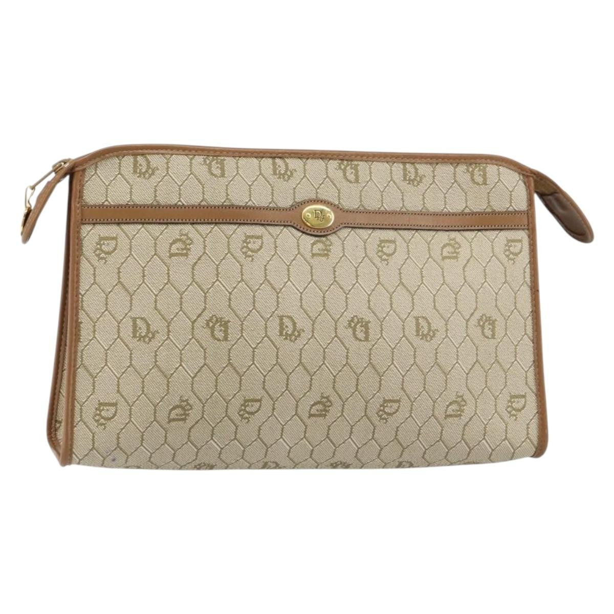 Christian Dior Vintage Honeycomb Zip Pouch Coated Canvas, Beige, Canvas, Clutch