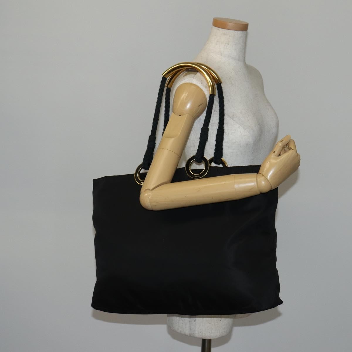 Prada Convertible Metal Handle Satchel Quilted Tessuto, BLACK, NYLON, Tote bag