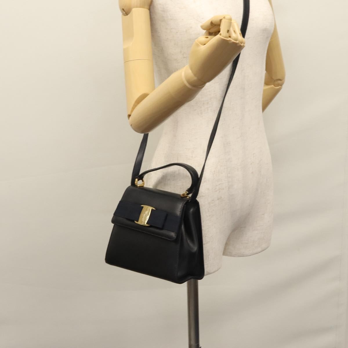 Salvatore Ferragamo Vintage Vara Bow Top Handle Bag Leather, NAVY, LEATHER, Handbag