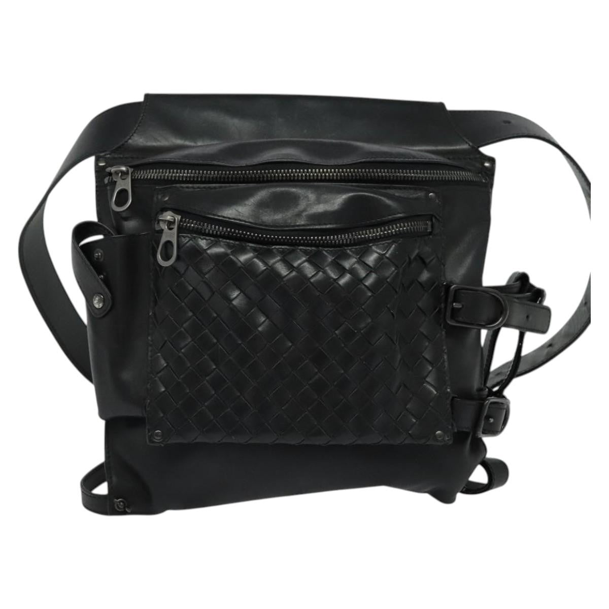 Bottega Veneta Utility Waist Bag Leather with Intrecciato, BLACK, LEATHER, Shoulder bag