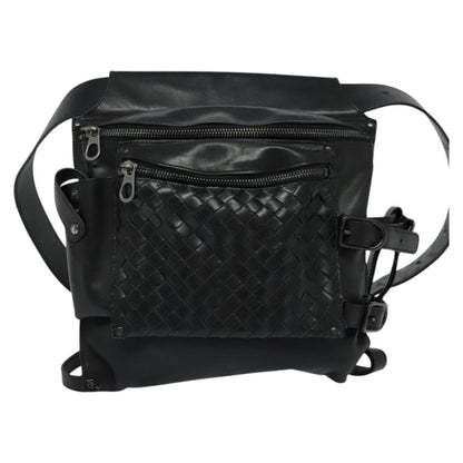 Bottega Veneta Utility Waist Bag Leather with Intrecciato, BLACK, LEATHER, Shoulder bag