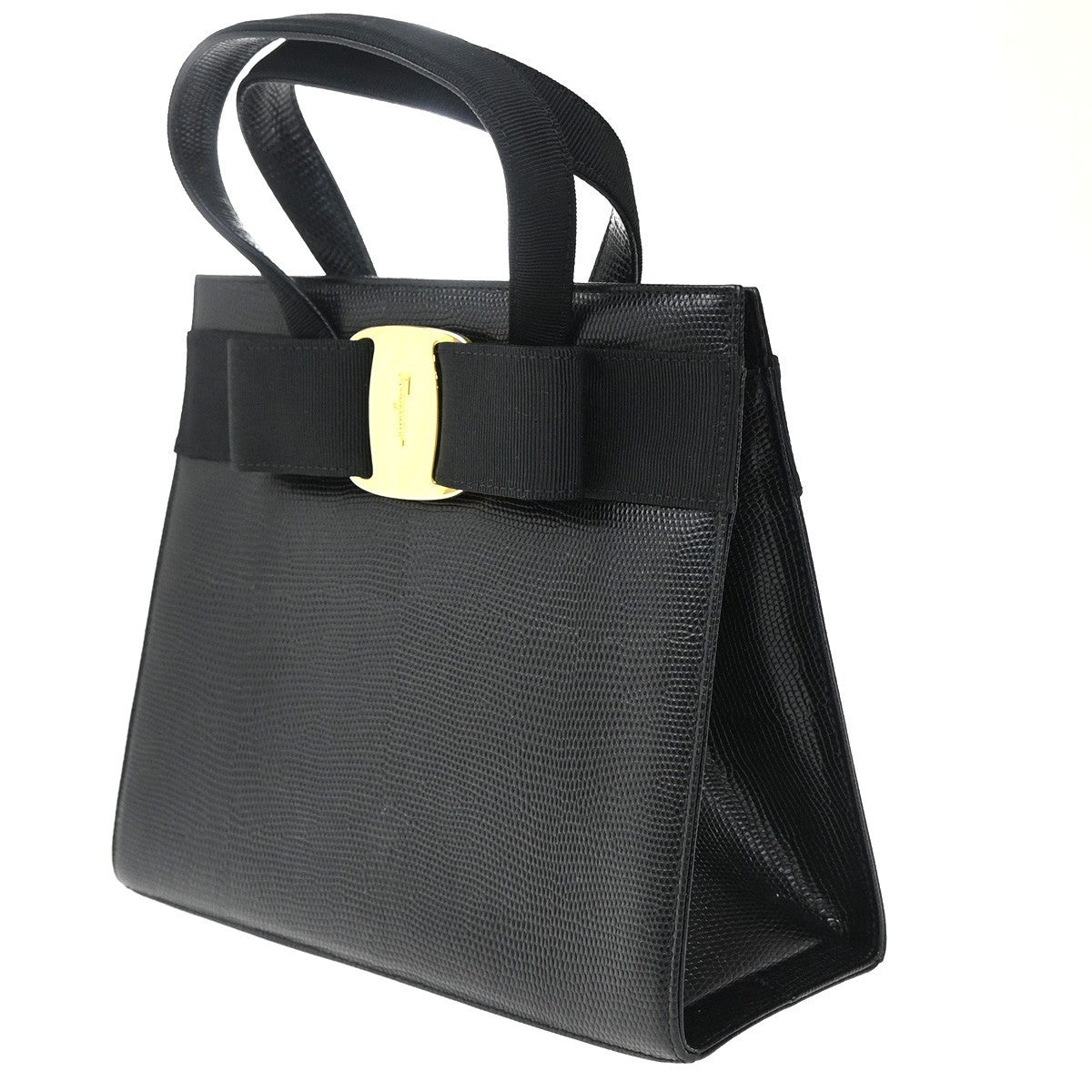 Salvatore Ferragamo Convertible Vara Bow Tote Lizard Embossed Leather, Black, Leather, Handbag