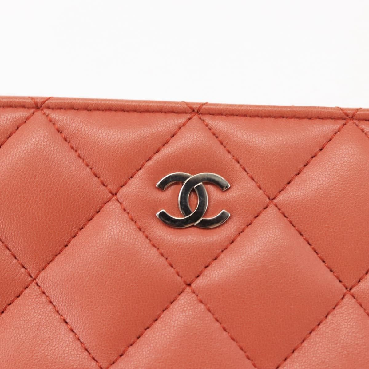 Chanel Classic Double Pocket Zip Pouch Quilted Lambskin, ORANGE, LEATHER, Clutche & pouche