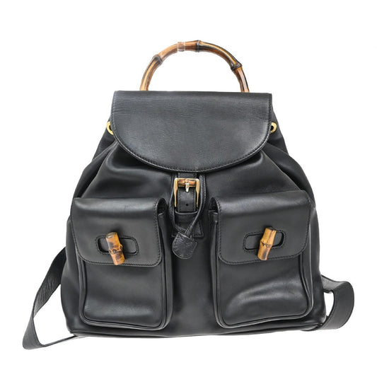 Gucci Vintage Bamboo Backpack Leather, BLACK, LEATHER, Backpack