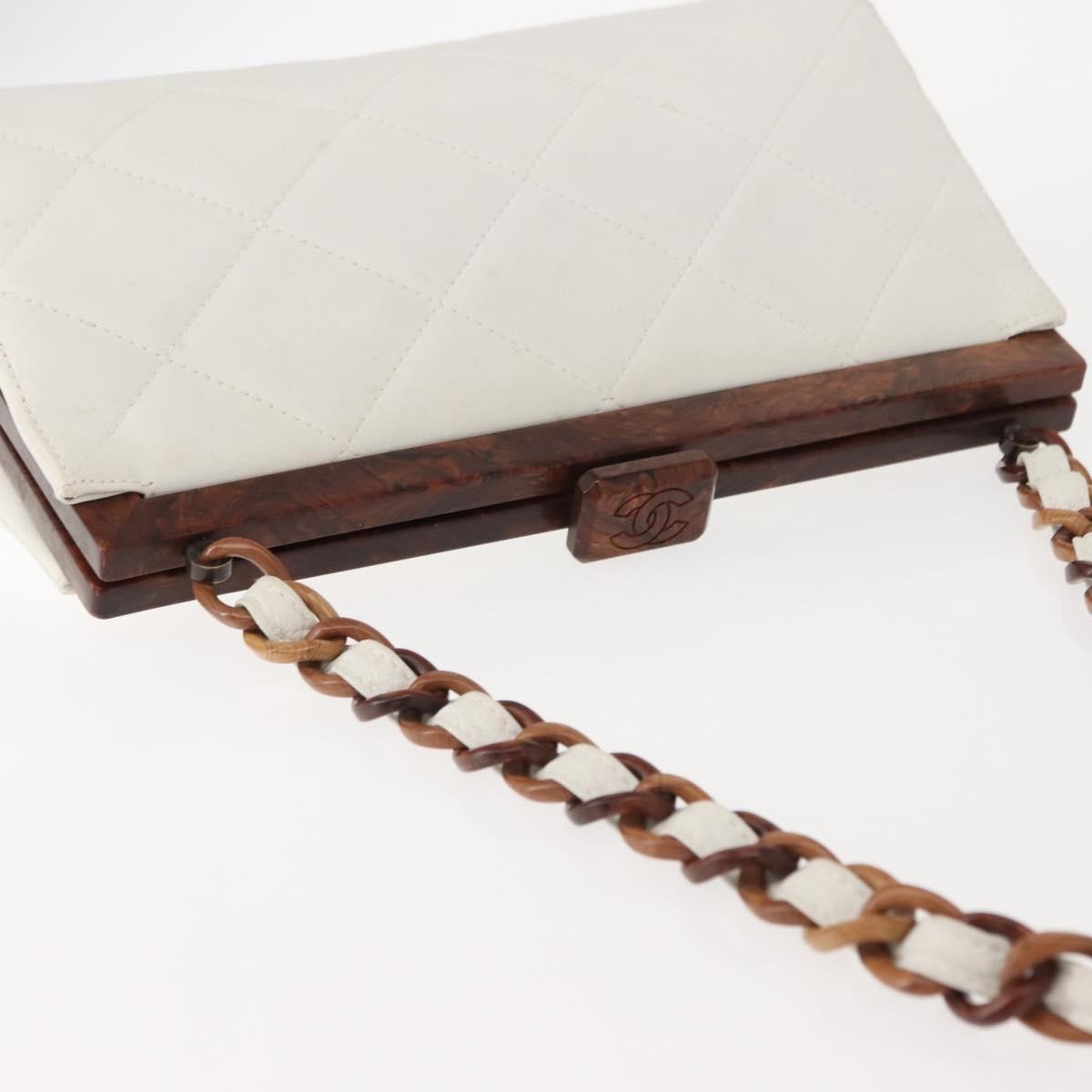 Chanel Wooden Frame Striped Shoulder Bag Leather, WHITE, LEATHER, Shoulder bag