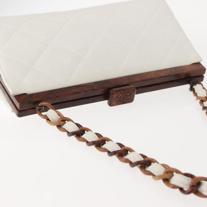 Chanel Wooden Frame Striped Shoulder Bag Leather, WHITE, LEATHER, Shoulder bag