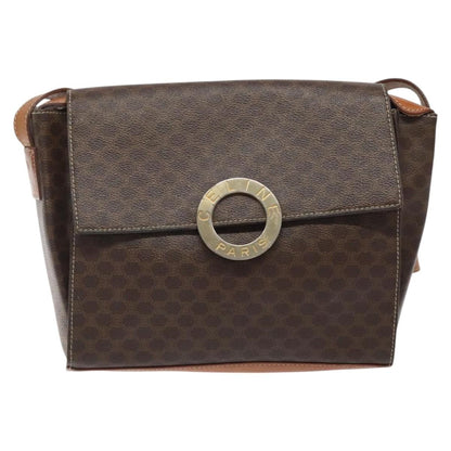 Celine Vintage Macadam Circle Logo Shoulder Bag Canvas and Leather, Brown, Canvas, Shoulder Bag