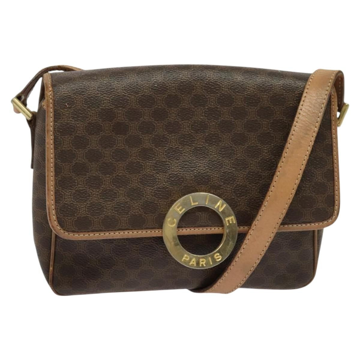 Celine Vintage Macadam Circle Logo Shoulder Bag Canvas and Leather, Brown, Canvas, Shoulder Bag