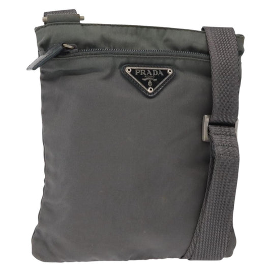 Prada Front Zip Convertible Flat Messenger Tessuto with Leather, GRAY, NYLON, Shoulder bag