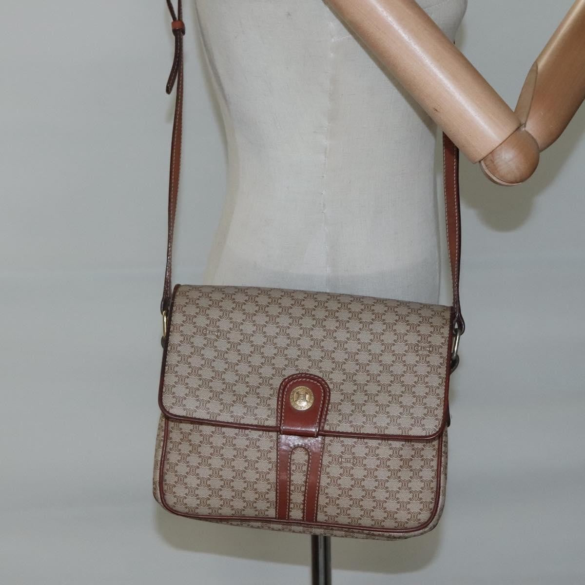 Celine Vintage Macadam Shoulder Bag Canvas and Leather, BEIGE, CANVAS, Shoulder bag