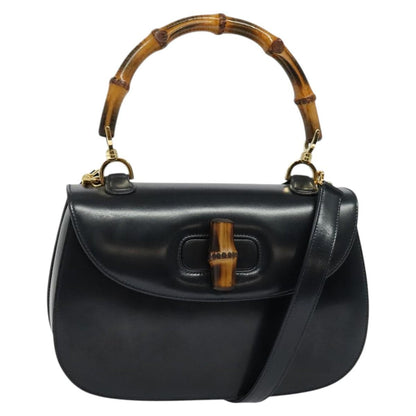 Gucci Vintage Convertible Bamboo Top Handle Bag Leather, NAVY, LEATHER, Handbag