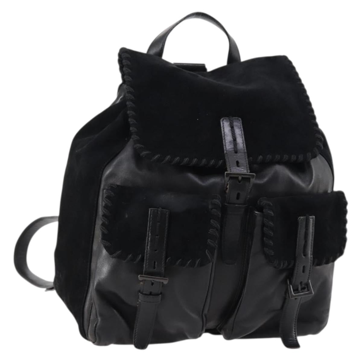 Prada Vela Double Front Pocket Backpack Leather, BLACK, LEATHER, Backpack
