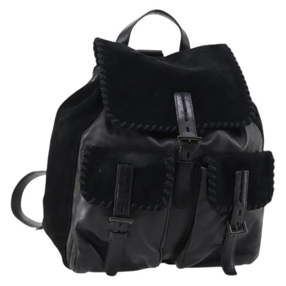 Prada Vela Double Front Pocket Backpack Leather, BLACK, LEATHER, Backpack