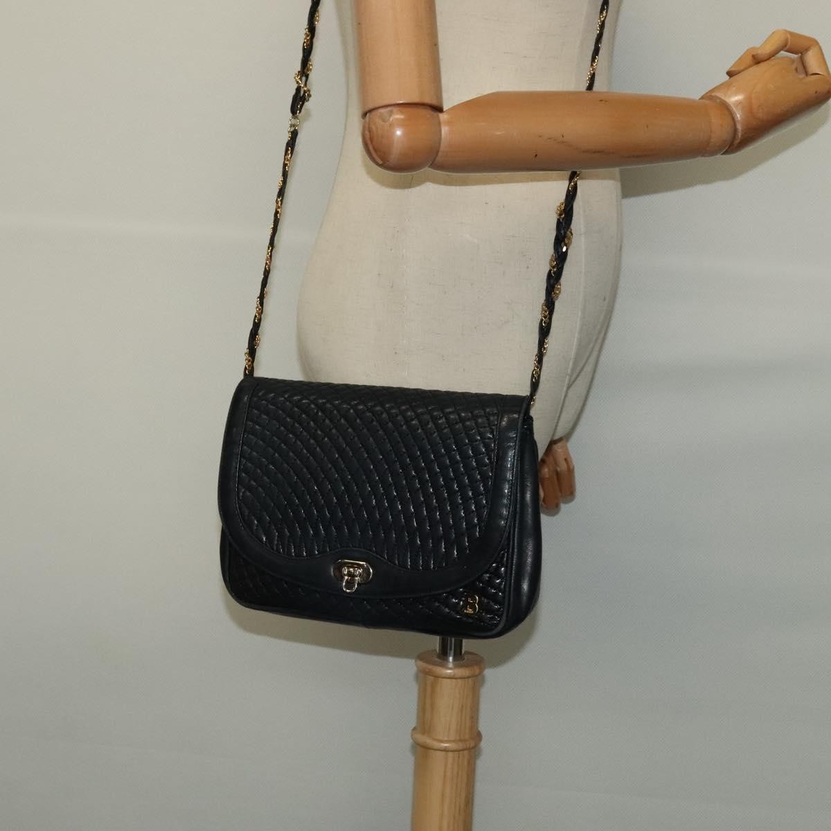 Bally Vintage Chain Shoulder Bag Quilted Leather, Navy, Leather, Shoulder Bag