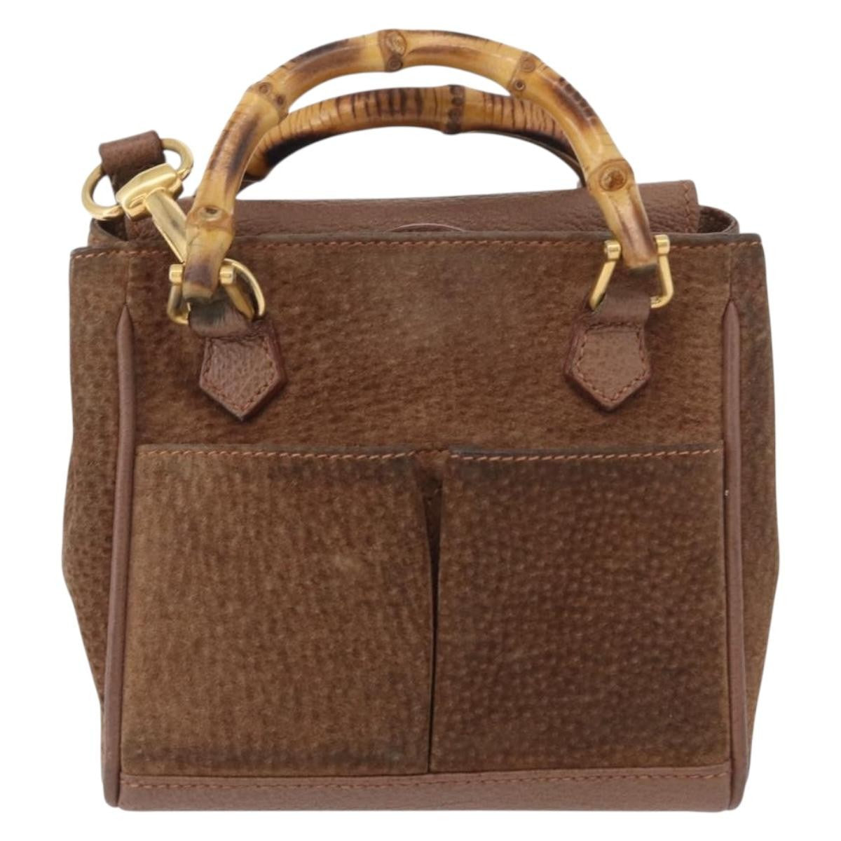 Gucci Vintage Bamboo Front Pocket Tote Suede, BROWN, SUEDE, Handbag
