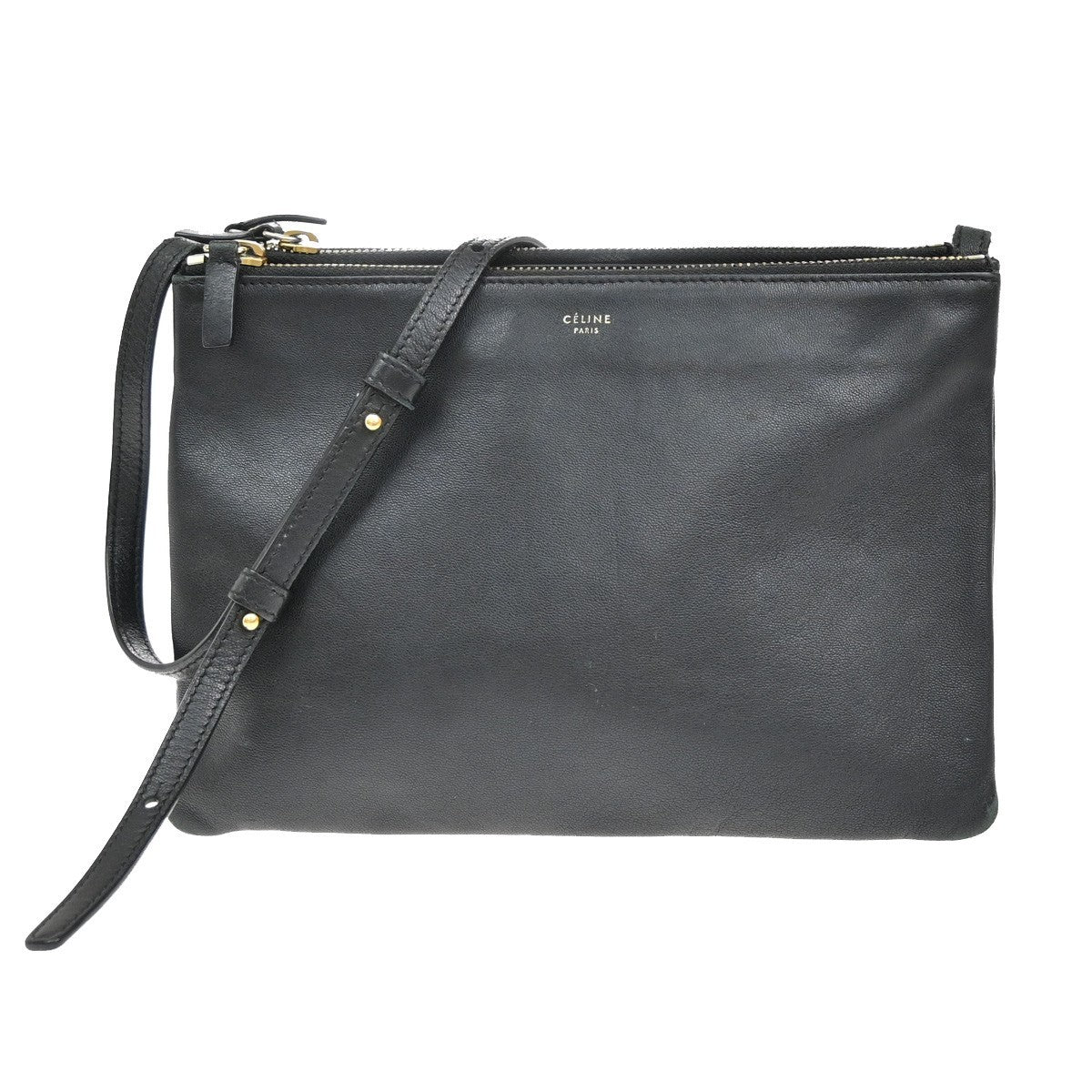 Celine Trio Crossbody Bag Leather, BLACK, LEATHER, Shoulder bag