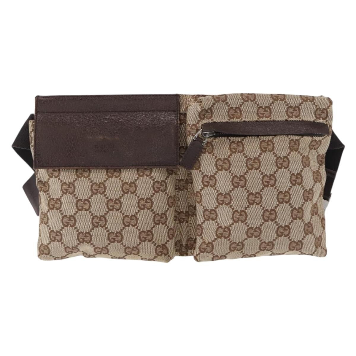 Gucci Vintage Double Belt Bag GG Canvas with Leather, BEIGE, CANVAS, Shoulder bag