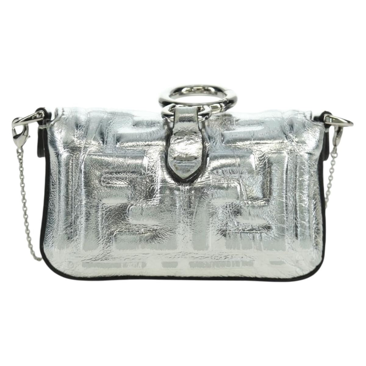 Fendi Chain Baguette Charm Bag Zucca Embossed Leather, SILVER, CANVAS, Clutche & pouche