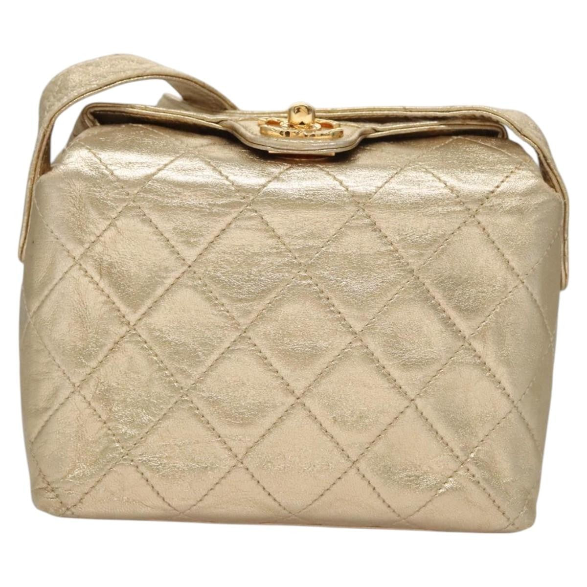 Chanel Vintage CC Fold Over Shoulder Bag Quilted Lambskin, GOLD, LEATHER, Shoulder bag