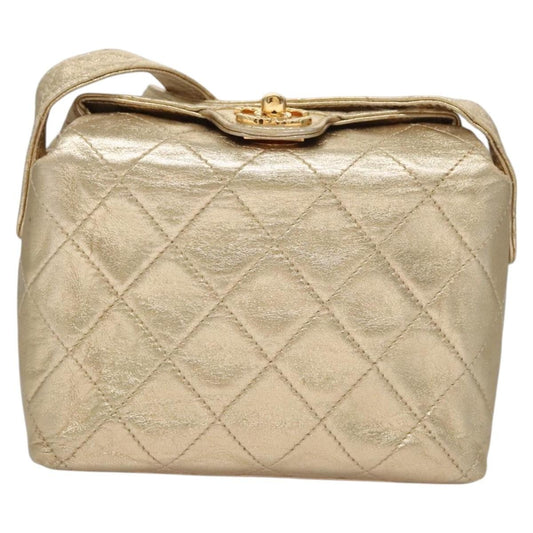 Chanel Vintage CC Fold Over Shoulder Bag Quilted Lambskin, GOLD, LEATHER, Shoulder bag