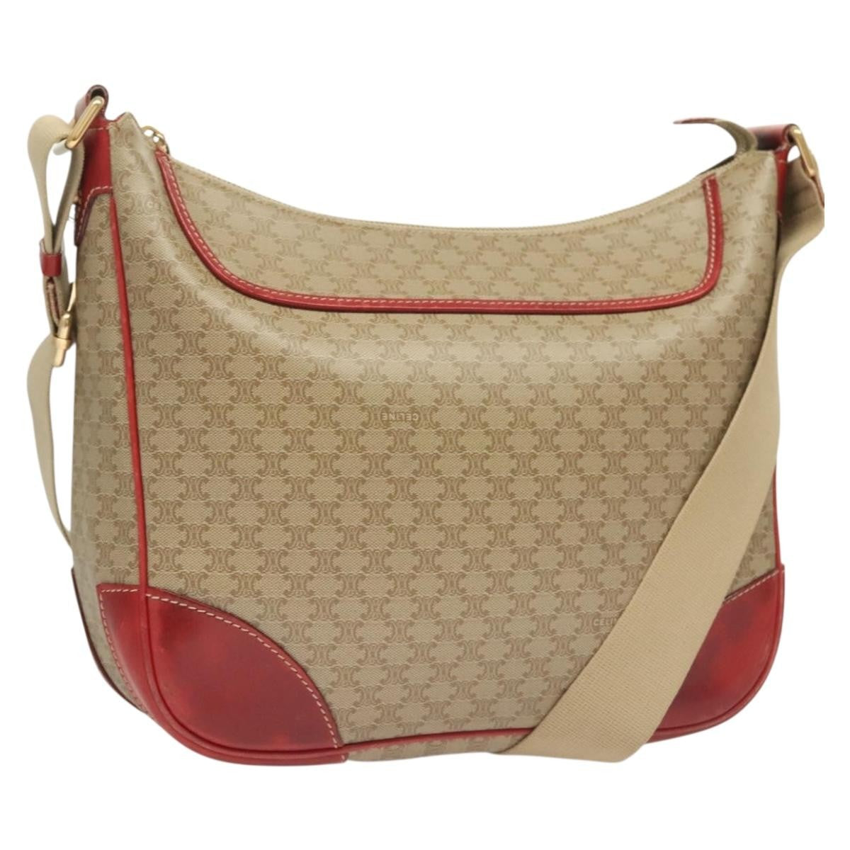 Celine Vintage Macadam Shoulder Bag Canvas and Leather, BEIGE, CANVAS, Shoulder bag