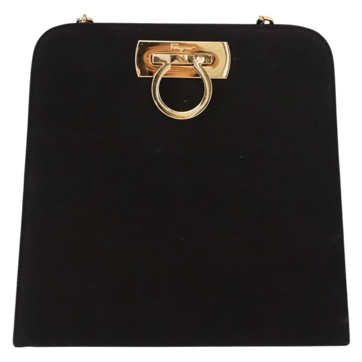 Salvatore Ferragamo Vintage Gancini Chain Shoulder Bag Suede, BLACK, SUEDE, Shoulder bag