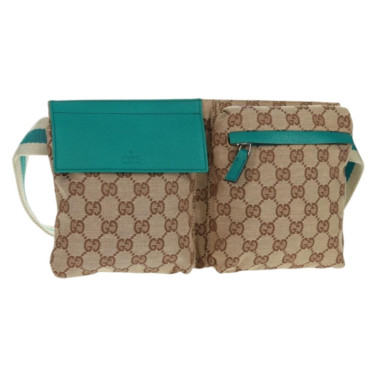 Gucci Vintage Double Belt Bag GG Canvas with Leather, Beige, Canvas, Shoulder Bag